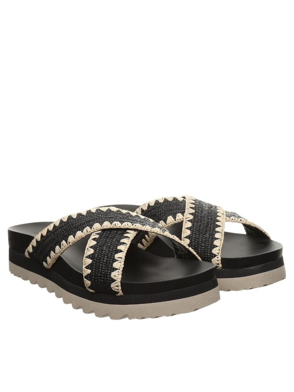 NWT Bearpaw Cross Woven Raffia Faux Leather Slide Sandals Black / Off White 7M